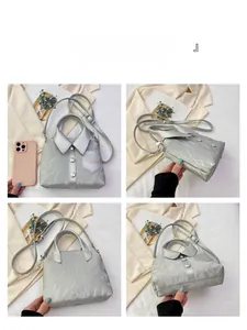 Detail shots showing front, side, and back of silver handbag with shirt-style pocket design