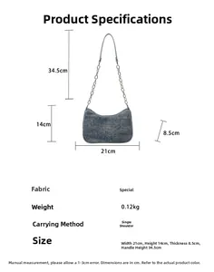 Detailed size specifications for blue textured shoulder bag with chain strap and dimensions