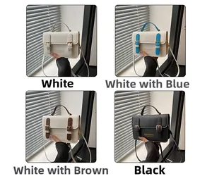 Detail view of stylish square crossbody bags in white, blue, coffee, and black options