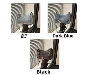 Detailed view of denim texture underarm bags in light blue, dark blue and black with chain