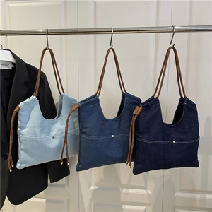 Women Denim Tote Bag Casual Retro Hobo Shoulder Bag With Braided Rope Handle Large Capacity Streetwear