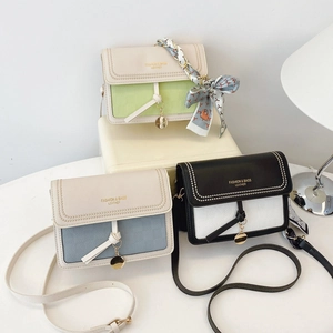 Women Color Block Crossbody Bag PU Leather Litchi Texture Flip Small Square Shoulder Bag With Satin Scarf Metal Pendant Chic