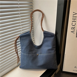 Vintage Denim Tote Bag For Women Large Capacity Shoulder Bag Rope Handle Contrast Stitching Minimalist Casual Handbag