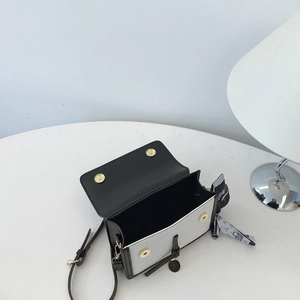 Minimalist black and white color-block crossbody bag with gold buckles and silk scarf detail