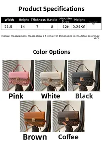 Detailed size chart and multi-color options for vintage printed PU leather handbag