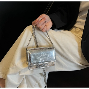 Detail of silver crocodile-patterned mini bag with polished metal chain and flap