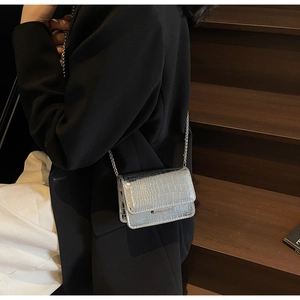 Close-up of silver mini handbag with stone pattern texture and metallic chain strap