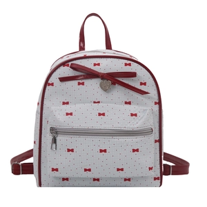 Polka dot backpack with red bows and heart pendant, white and red travel daypack for women