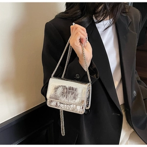 Detail showing shiny silver crocodile-embossed leather texture and metal chain strap