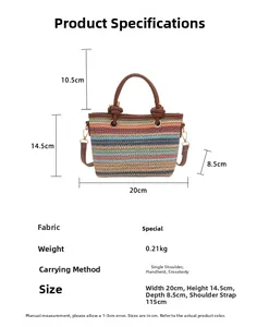 Detailed view of striped woven bucket bag with dimensions and brown top handles