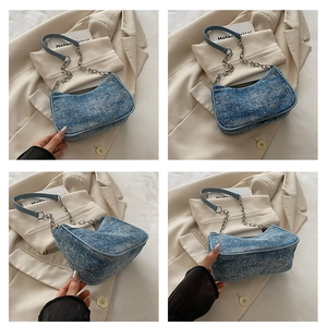 Detailed multi-angle views of light blue denim crescent underarm bag with silver chain