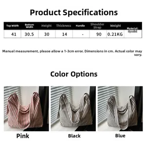 Detailed dimension chart and size specifications for striped large capacity tote bag