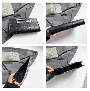 Detailed views of black crocodile texture clutch with silver metal handle from four angles