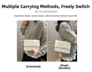 Detailed views of white quilted crossbody bag with silver chain strap in dual carry modes