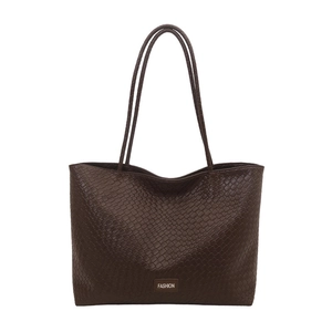 Large capacity dark brown woven texture tote bag for women with dual shoulder straps