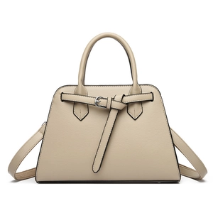 Elegant beige lychee textured leather tote bag with silver hardware and shoulder strap