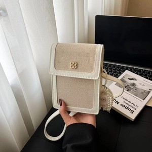 Minimalist beige woven crossbody square bag with clover buckle and pearl doll charm