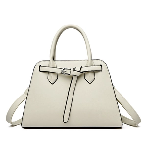 Elegant off-white faux leather tote bag with trapezoidal shape and dual handles