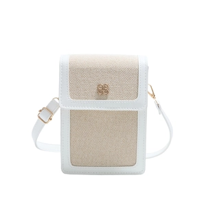 Minimalist beige canvas and white leather small crossbody square bag with gold floral buckle