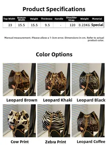 Detailed views of leopard print bucket bags with gold chain straps and pearl accents