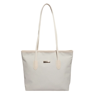 Minimalist cream white woven tote bag with slim shoulder straps and metal hardware detail