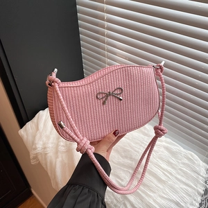 Woven Texture Underarm Shoulder Bag With Metal Bow Decor Knotted Rope Strap Crescent Fashion For Women