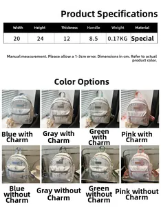 Größentabelle mit 20x24x12cm Maßen für diesen bedruckten Rucksack in vier Farben