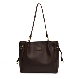 Minimalist large capacity dark brown leather tote bag with elegant golden metal rings