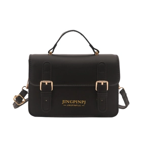 Retro black faux leather mini square handbag with dual gold buckles and top handle