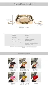Detailed size chart and multi-color acrylic evening bag options with shiny metallic finish