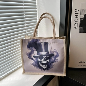 Grand sac cabas en toile avec imprimé crâne gothique et accents violets artistiques