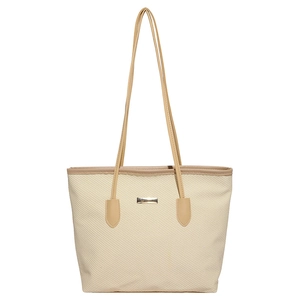 Large beige woven tote bag with khaki straps and gold hardware for women