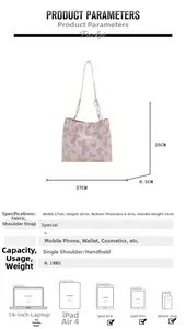 Detailed size guide for butterfly tote bag showing 27x25x8.5cm dimensions and capacity