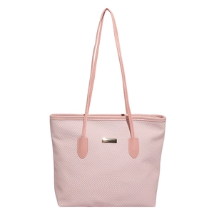Pink woven tote bag with smooth leather trim and golden metal plate for daily commute