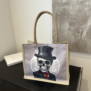 Grand sac cabas en toile d'été 2025 avec motif tête de mort et chapeau haut de forme
