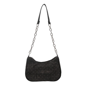 Fashionable black denim underarm bag with silver stud accents and metallic chain strap