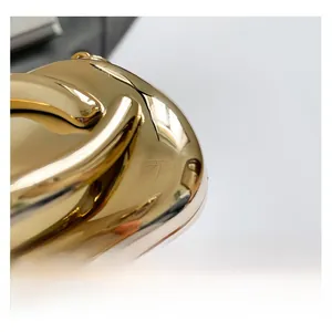 Macro detail of high-quality gold metallic buckle with mirror-polished finish on hand bag