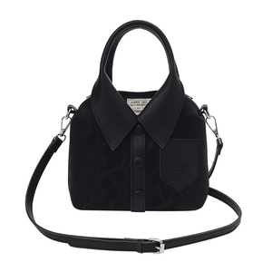 Creative shirt-style crossbody bag in black leather with collar and button details
