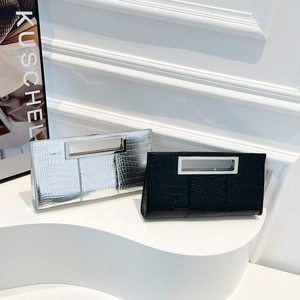 Croc Embossed PU Leather Clutch Bag With Rectangular Metal Handle Fashionable Evening Handbag For Women