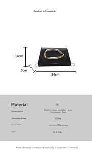 Detail view of black PU shoulder bag with gold metal ring and product dimensions