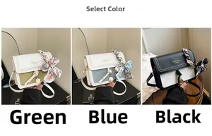 Three color-block square bags featuring checkerboard texture and silk scarf handle detail