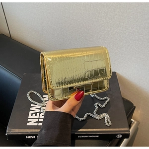 Close-up of golden crocodile texture and silver chain strap on a mini square handbag