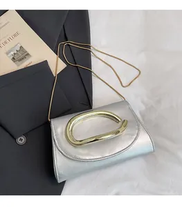 Detail of silver leather handbag with chunky gold metal handle and fine chain strap