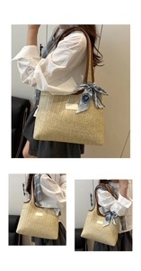Detail of woven straw tote bag with brown leather straps and blue floral scarf accessory