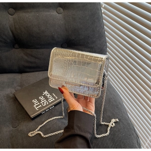 Macro detail of silver mirror mini bag with crocodile texture and metal chain strap