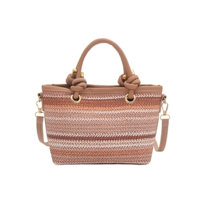Striped woven beach tote with brown leather knotted handles and detachable shoulder strap