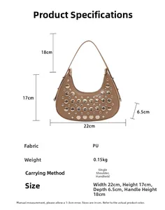 Detailed dimension guide for brown PU leather crescent bag with silver stud rivets