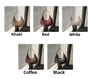 Collage of rivet crescent underarm bags in khaki, red, white, coffee, and black colors