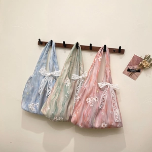 Sac Fourre-Tout Pour Femmes À Broderie Florale Avec Nœud En Dentelle Sac À Main En Gaze Style Romantique Doux