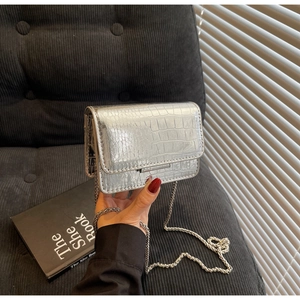 Close-up of silver mini chain bag with crocodile texture and metallic shoulder strap